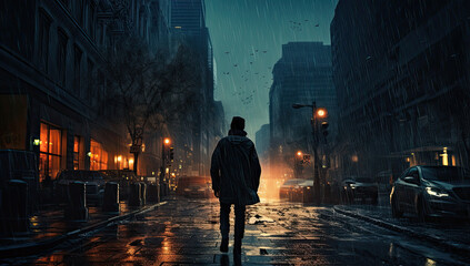 walking in rainy city in black coat on wet pavement
