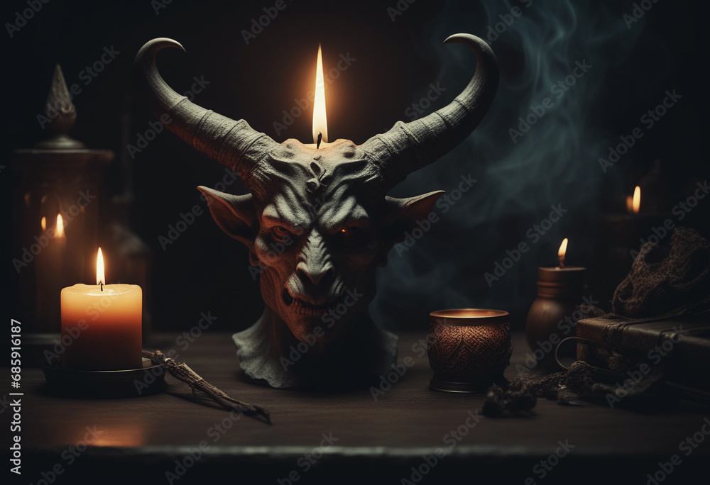 Wall mural magic composition with a demon's head and candles on the table