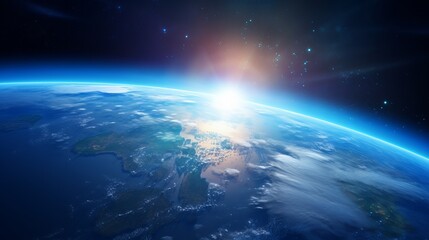 Earth Sunrise from Space. Stunning View of the Blue Planet and Rising Sun - obrazy, fototapety, plakaty