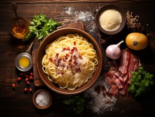 Authentic Pasta Carbonara served in a classic Italian ceramic bowl, close-up showcasing the creamy texture and crispy guanciale with pecorino cheese - obrazy, fototapety, plakaty