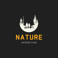 Obraz premium nature expedition logo,Vintage modern adventure logo with mountain view, river and pine trees.