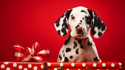 Holiday gifts for pets for Christmas, New Year. Pets pets holiday shopping gifts background. Cute spotted dog puppy in santa hat with christmas decorations and big gift box on red backgroundHoliday gi
