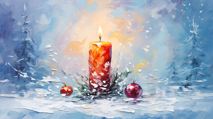 Christmas candle decorated with Christmas ball in the snow with Christmas background, drawing with palette knife bald stroke - Generative AI
