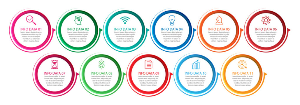 infographic design with eleven sections or options, simple design with thin lines, icons, symbols, numbers and text, for flow diagrams, your business presentations