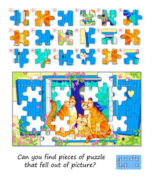Can you find pieces of puzzle that fell out of picture? Logic game for children and adults. Page for kids brain teaser book. Task for attentiveness. Developing spatial thinking. Vector illustration.
