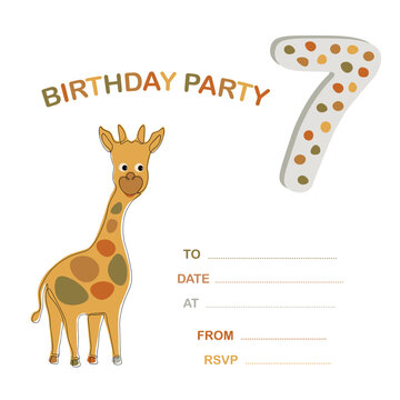 Beautiful design template with invitation with giraffe on white background for decorative design, 7 years.