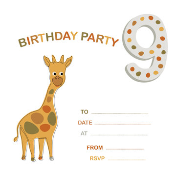Adorable design template with invitation with giraffe on white background for decorative design, 9 years