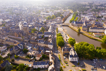 Aerial view of Lannion city on the Lege river, Brittany region in France - obrazy, fototapety, plakaty