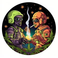 Aliens Smoking Weed. Cannabis Concept Sticker. Pass the joint concept sticker. Logotype. Icon.