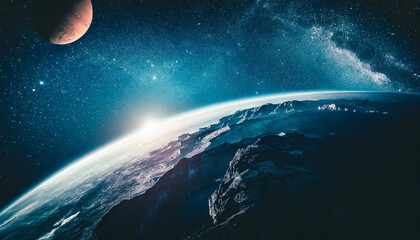 Fototapeta premium Captivating image of Earth at sunrise in the vastness of space, surrounded by galaxies and stars, a breathtaking cosmic view