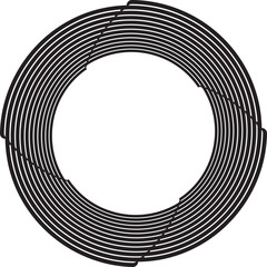  Black halftone dots in vortex form. Geometric art. Trendy design element.Circular and radial lines volute, helix.Segmented circle with rotation.Radiating arc lines