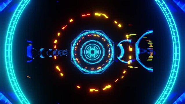 Disco hud tunnel flickering blue and yellow lights with rotating elements vj loop 3d render. Abstract fantastic travel through space time. All-seeing artificial intelligence concept
