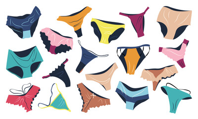 Set of panties, underwear for women. Fashion collection with various types of underclothing. String, thong, tanga, bikini. isolated cartoon vector illustrations with lingerie on white background. - obrazy, fototapety, plakaty