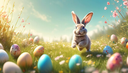 Happy easter bunny in easter meadow with eggs and copy space - obrazy, fototapety, plakaty