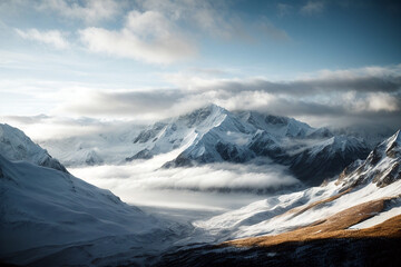 Fototapeta premium High mountains covered with snow and clouds