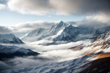 High mountains covered with snow and clouds