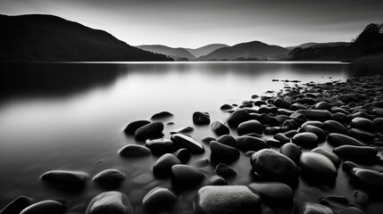Pebbles and stones on an empty beach. Minimalist black and white concept photography. Dark Tones.