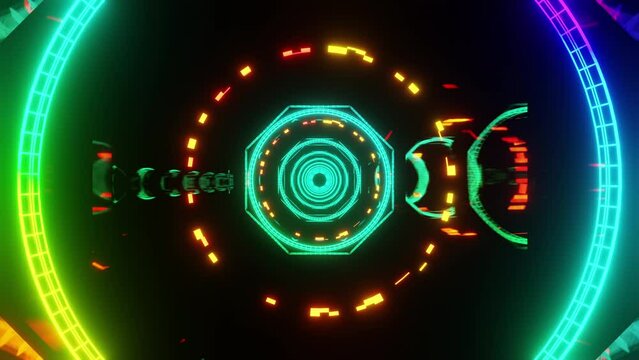Disco hud tunnel flickering colorful lights with rotating elements vj loop 3d render. Abstract fantastic travel through space time. All-seeing artificial intelligence concept