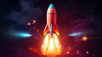 Space Rocket take off illustration. Startup concept. To the Moon. Background with neon lights. 