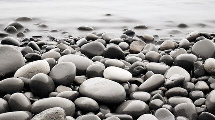 Fototapeta na wymiar Pebbles and stones on an empty beach. Minimalist black and white concept photography. Dark Tones.