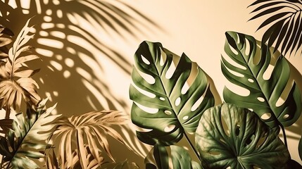 Shadow of tropical leaves on light background. Tropical background. Postrer concept. Design concept. Wallpaper concept.