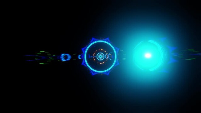 Movement with speed of light in space with blue and yellow lens flare vj loop 3d render. Design element for nightclub, disco, dance, music festival, kaleidoscope