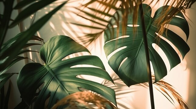 Shadow of tropical leaves on light background. Tropical background. Postrer concept. Design concept. Wallpaper concept.