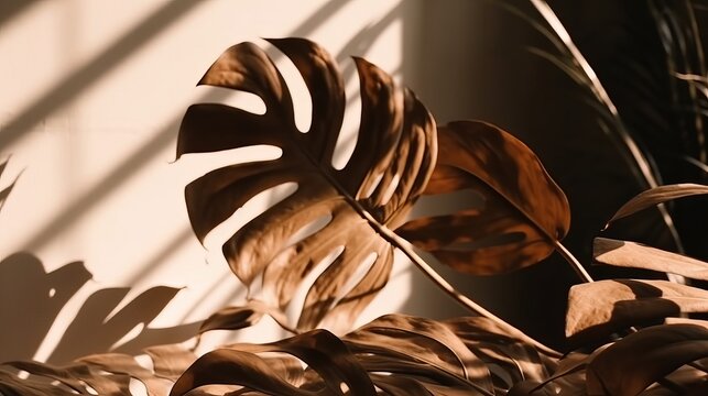 Shadow of tropical leaves on light background. Tropical background. Postrer concept. Design concept. Wallpaper concept.