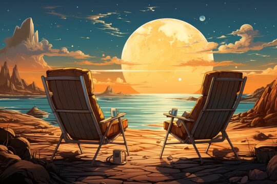 Two chairs on the beach in the moonlight. Science fiction. Sci-fi Concept. Space. Universe Concept. Other Planets.