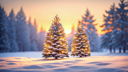 Fototapeta na wymiar Snow Covered Pine Trees in a Snowy Forest at Dawn. Defocused forest in the background. Christmas tree. AI Generated