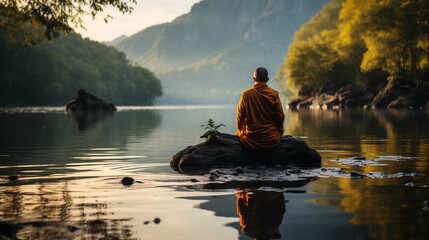 a monk sits by the water and meditates