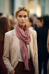 Trendsetting fashion of 2024 with a stylish woman donning a coat, striking a pose against backdrop