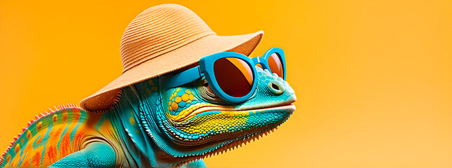 Colorful chameleon wearing sunglasses and beach hat against yellow background. Summer and vacation concept. - obrazy, fototapety, plakaty