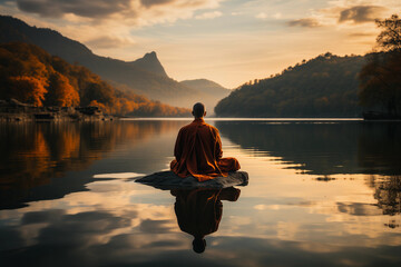 a monk sits by the water and meditates - obrazy, fototapety, plakaty