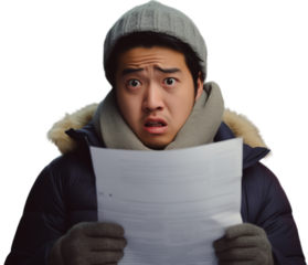  A man with an astonished look, suprise shock, holding a paper, bill, electrical, perfect for representing reactions to unexpected events or promotions in marketing. Cost of heating