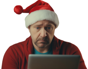 A man in a Santa hat looking at a laptop screen, worried expense, expensive, costly, excellent for holiday shopping, seasonal promotions, or financial planning ads.