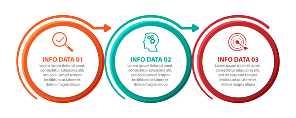 three step or part infographic vector design, simple with color lines, circles, icons, text and numbers can be used as a flow diagram, brochure, banner or presentation for your business