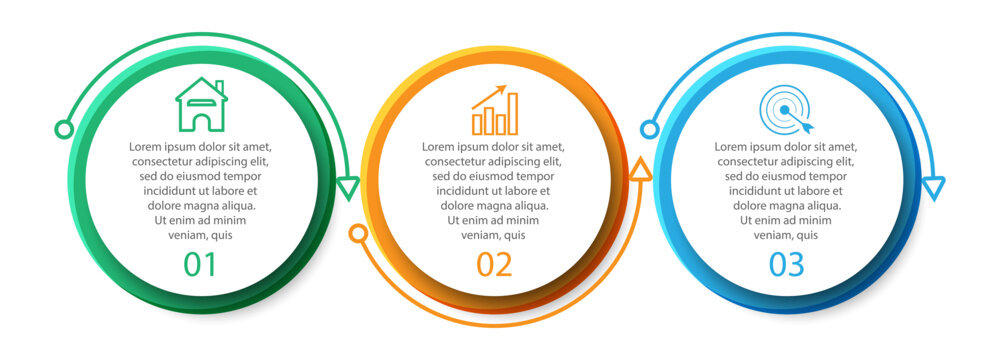 three step or part infographic vector design, simple with color lines, circles, icons, text and numbers can be used as a flow diagram, brochure, banner or presentation for your business