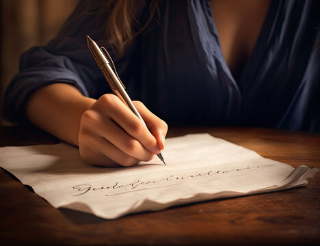 A Person Engaged in the Art of Writing, Captured with Paper and Pen, Embracing the Classic Elegance of Handwritten Communication in a Nostalgic Setting