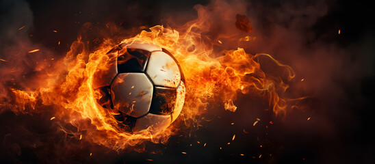 Fototapeta premium closeup of a soccer ball traveling at high speed bringing out fire about to score a goal