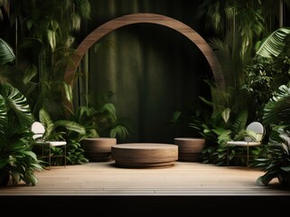 Wooden podium in a tropical jungle environment.