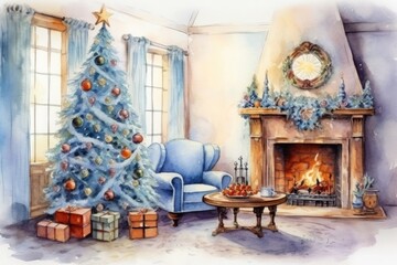 cosy room in blue colours decorated for christmas with a fireplace, a chair, a christmas tree, big window and presents