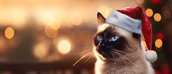 Beautiful Siamese cat in the snow outdoors wearing a small Christmas hat - obrazy, fototapety, plakaty