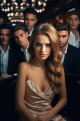 Fototapeta premium Beautiful woman sitting in diamond's dress in a restaurant surrounded by successful men