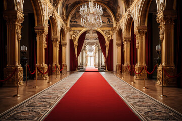 Elegant hallway with red carpet, ornate columns, and chandeliers in a luxurious interior.
