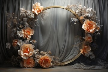 Maternity backdrop, wedding backdrop, photography background, maternity props, Light hoop weaved peach and charcoal flowers, elegant wall background, flowing white satin drape, backdrop, giant flowers