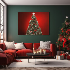 Beautiful decorated Christmas tree and presents in a cozy modern living room, Christmas Holiday winter background