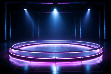 Futuristic neon stage with glowing purple lights and illuminated floor in a dark environment, suitable for product display or presentations.