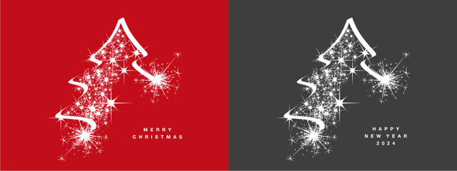 Merry Christmas and Happy New Year beautiful light white elegant ribbon Christmas tree with glitter sparkle stardust red black background greeting card