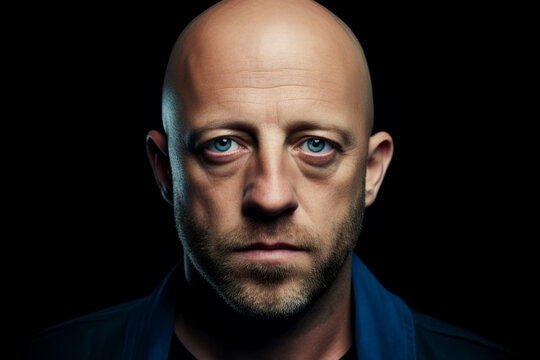 Portrait of a bald man in the dark, blue eyes, piercing eyes